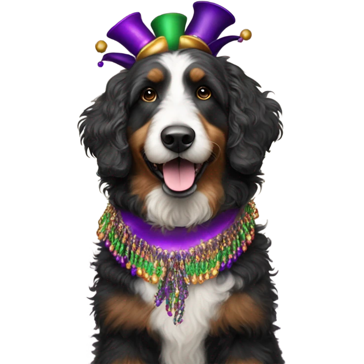 Bernedoodle dressed for Mardi Gras emoji