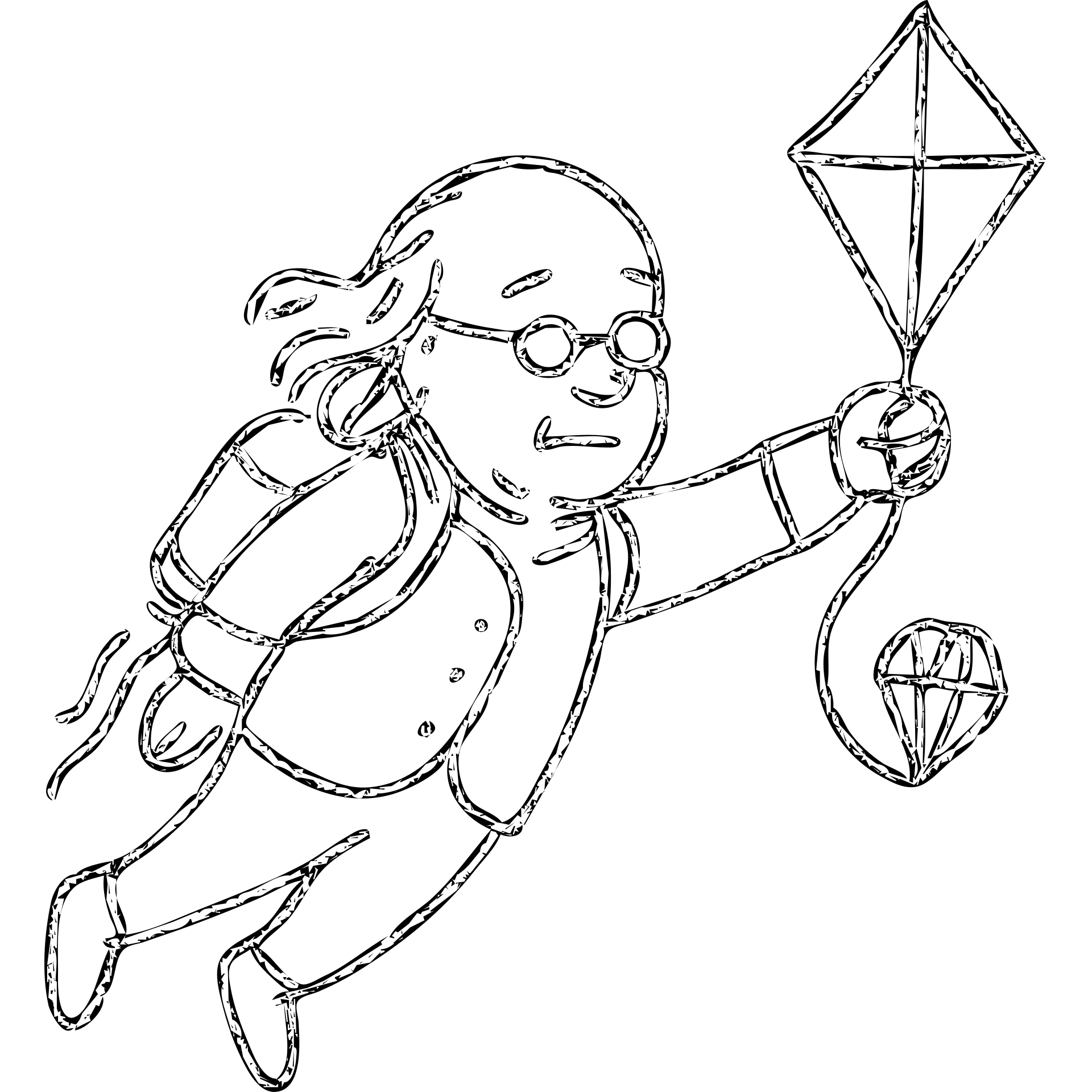 hand-drawn black outline icon of Ben Franklin with jetpack, left hand holding diamond kite, right arm outstretched in flight, minimalist startup logo emoji