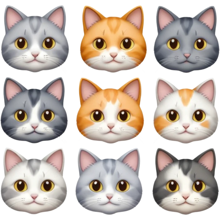 6 realistic looking cats with different natural coloured coats, assorted grey and white, greys, calico colours etc
 emoji