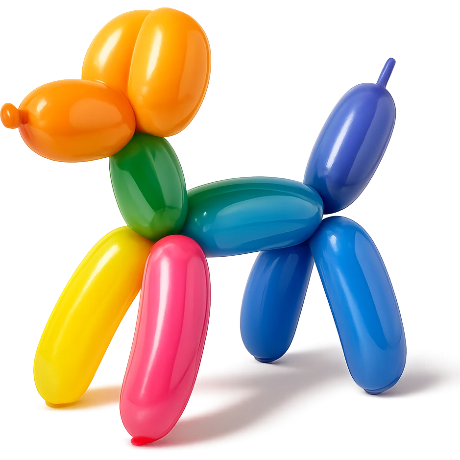 <system_prompt>
  <style>
    <name>Hyperrealistic Colorful Balloon</name>
    <description>3D render designed in a hyperrealistic colorful balloon style.</description>
    <materials>
      <surface>
        <type>latex</type>
        <finish>shiny</finish>
        <reflectivity>high</reflectivity>
        <stretching>slightly_stretched</stretching>
        <imperfections>
          <creases>subtle</creases>
          <warps>light</warps>
          <kinks>natural</kinks>
        </imperfections>
        <ends>tied</ends>
      </surface>
    </materials>
    <shape>
      <feel>inflated</feel>
      <construction>hand-twisted</construction>
      <volume>high</volume>
    </shape>
    <lighting>
      <style>sharp</style>
      <shadows>none</shadows>
      <enhance>volume</enhance>
    </lighting>
    <aesthetic>
      <mood>playful</mood>
      <style>pop-art</style>
    </aesthetic>
    <background>
      <style>minimal</style>
      <clean>true</clean>
    </background>
  </style>
</system_prompt>

{subject} = dog emoji