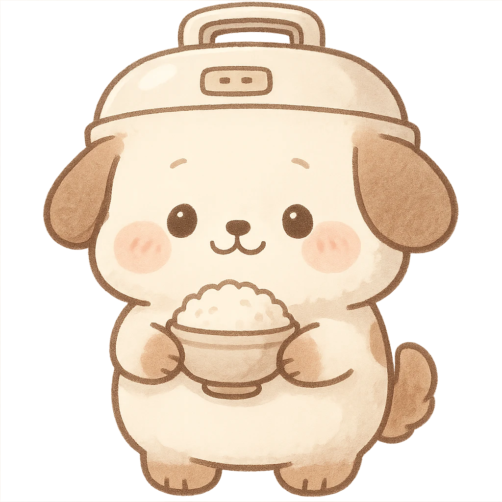 cute chibi soft fluffy rice cooker dog, round belly, holding a rice bowl, soft cream and brown tones, full-body emoji