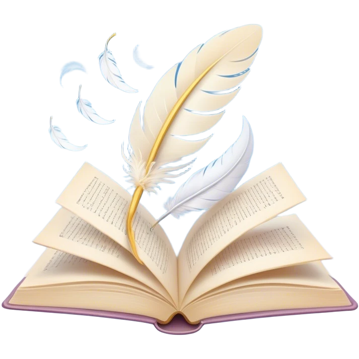 Create a delicate and poetic emoji representing poetry. The design should feature several elegantly flying pages with short poetic columns written on them. The pages should appear light and flowing, almost as if being carried by the wind. Include a white feather gently resting on the pages, symbolizing creativity and inspiration. Use soft, pastel tones to give it a dreamy, artistic feel. The design should feel ethereal and whimsical, capturing the essence of poetry. Make the background transparent. emoji