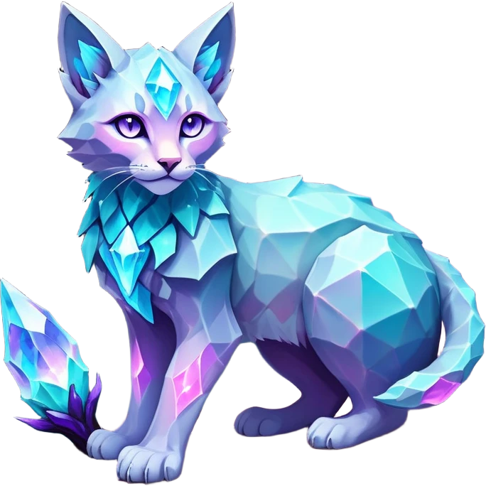 This fascinating hybrid creature combines the rocky ferocity of Boulderbite with the mystical elegance of Etherfeline. The result is a creature with a core body composed of angular, faceted stones in varying shades of turquoise, pink and gray. From the cracks between these stones emanates a soft blue ethereal glow. It has the general shape of a feline, but with crystalline rock formations creating its limbs and body. Its large, expressive eyes feature purple irises with amber outer rings, giving it a hypnotic gaze. The creature sports pointed ears lined with purple crystal formations, and a tuft of blue flame-like energy flows from the diamond on its head and along its spine. Its tail is a flexible chain of smaller rocks wrapped in the same ethereal blue energy. When it opens its mouth, sharp crystalline teeth are revealed, though its expression is more mysterious than threatening. Small whiskers  extend from its muzzle, occasionally emitting tiny ice crystals. full body emoji