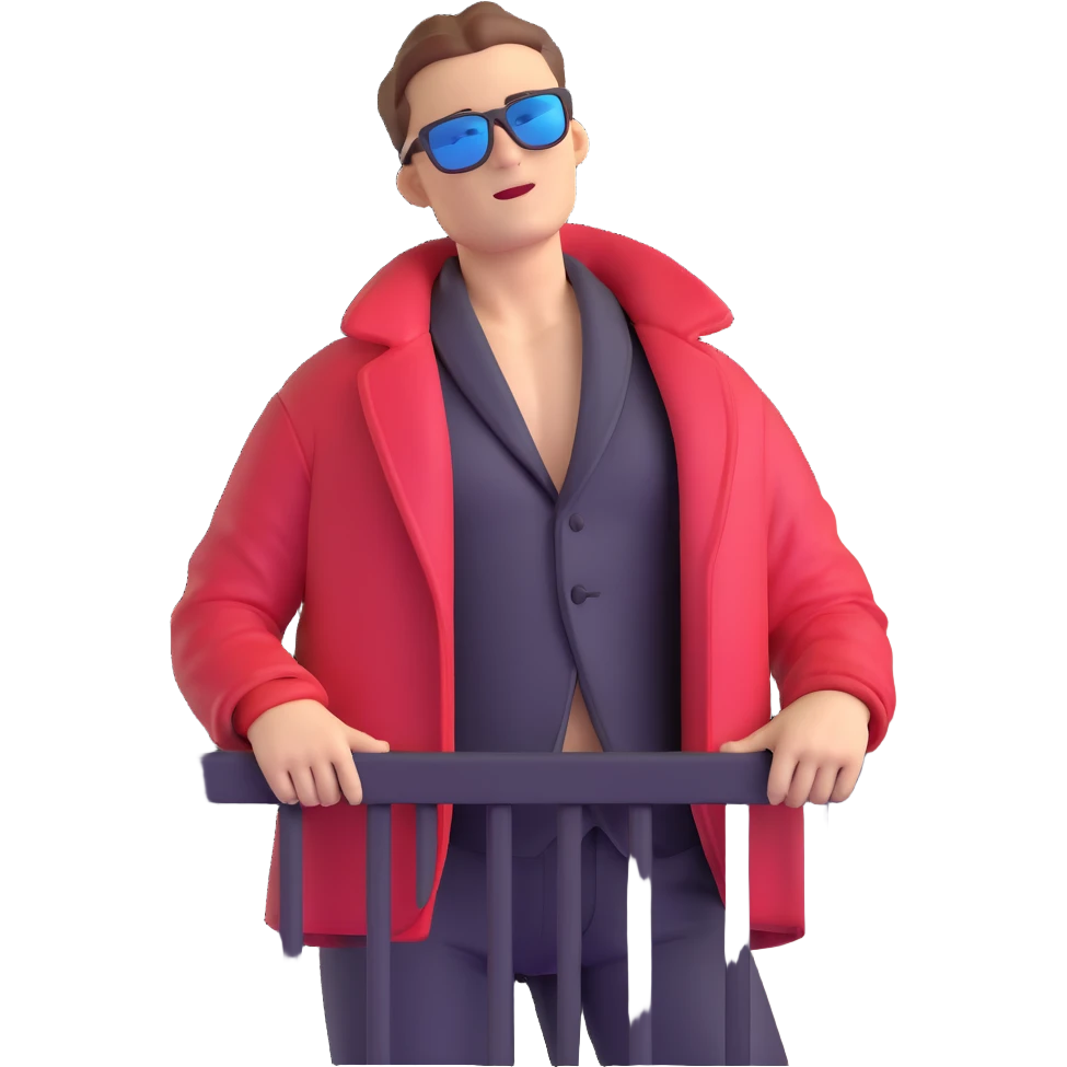 guy on balcony in winter with open jacket showing bare chest, wearing sunglasses, view from below emoji