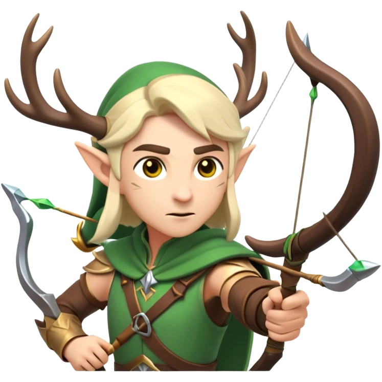 clash-of-clans-aesthetic-focused-elf-archer-portrait-emoji, rendered in a flat, vector-style similar to standard emojis with minimal shading and bold, simplified shapes, head tilted slightly forward with a determined, focused expression, riding a majestic stag with antlers glowing faintly with mystical energy. emoji