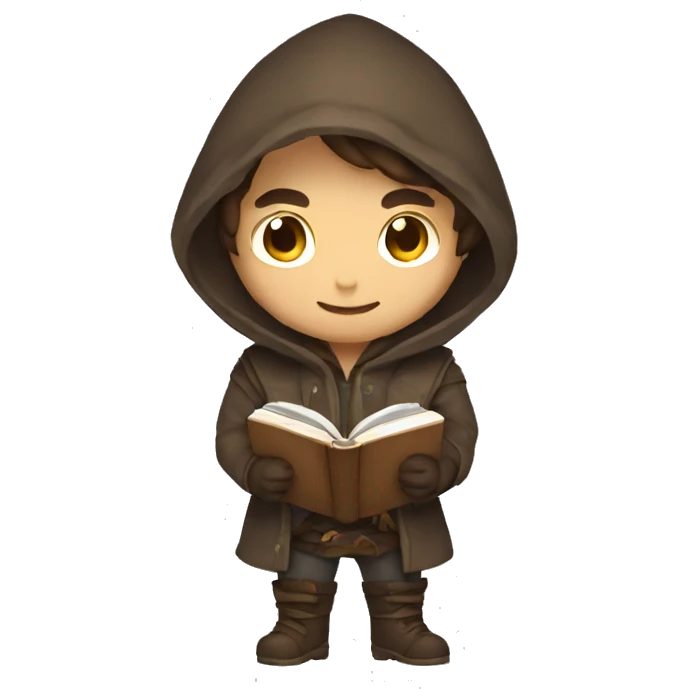 human male rogue with brown hair holding a book wearing a hood smiling emoji