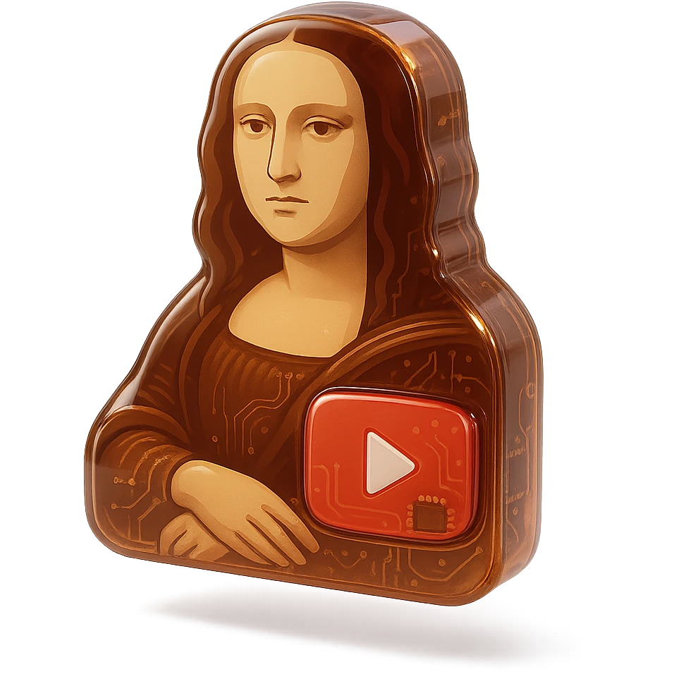 Mona Lisa with a calm or blank expression, no grin or sarcasm, red YouTube play button, glossy circuit style emoji