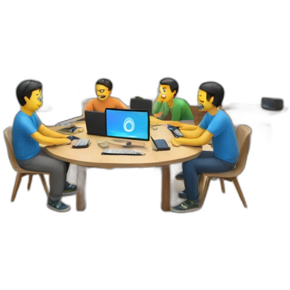 5 Developers with MacBooks sitting in a room with two tv on a wall and with around a circular table emoji