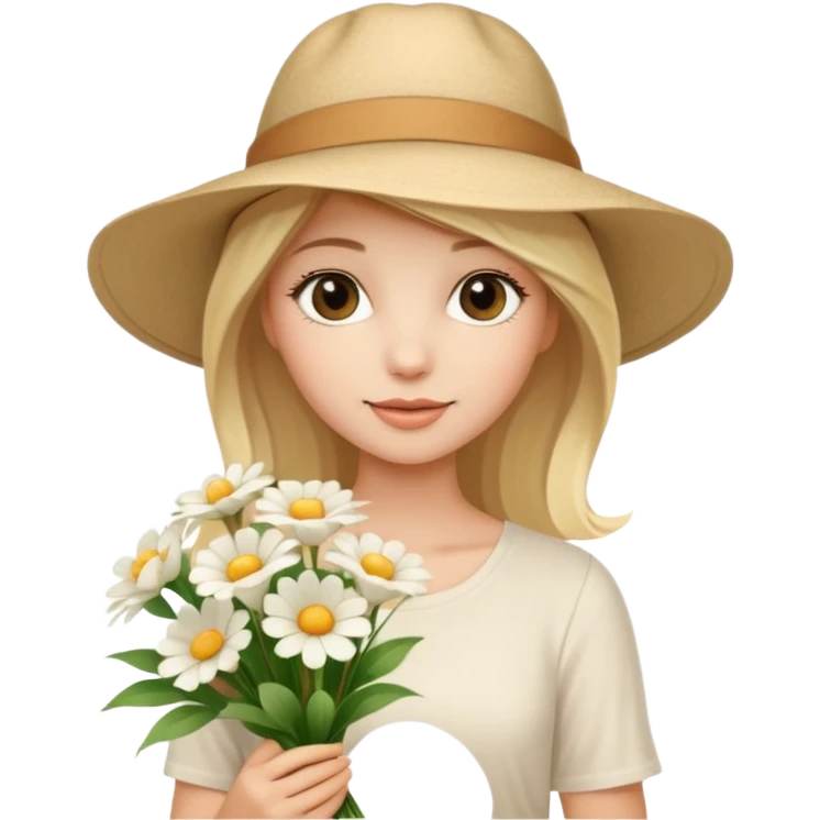 beautiful model blonde girl in a summer beige hat in a beautiful white top with a bouquet of white flowers emoji