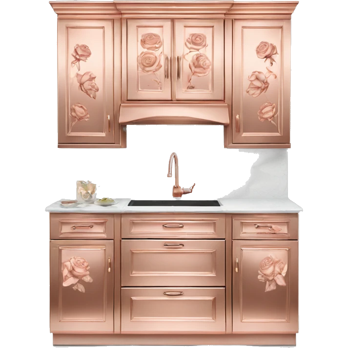 Realistic front facing rose gold hanging kitchen cabinets with flower pattern print on them. emoji