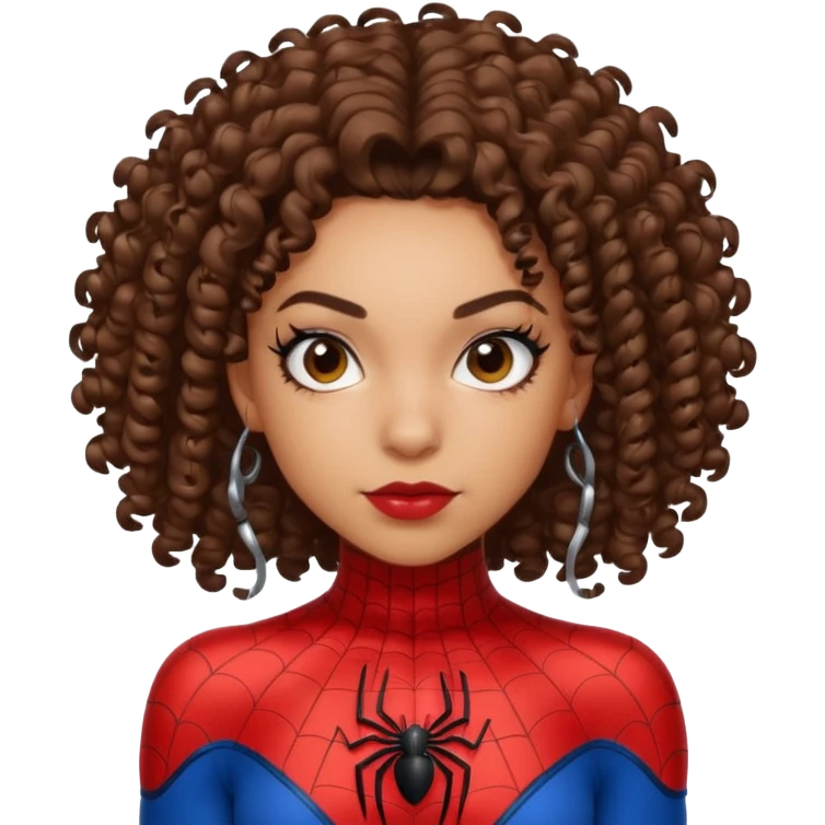 Lightskin girl with curly hair, eyebrow piercing in left side, wearing a spider man costume emoji