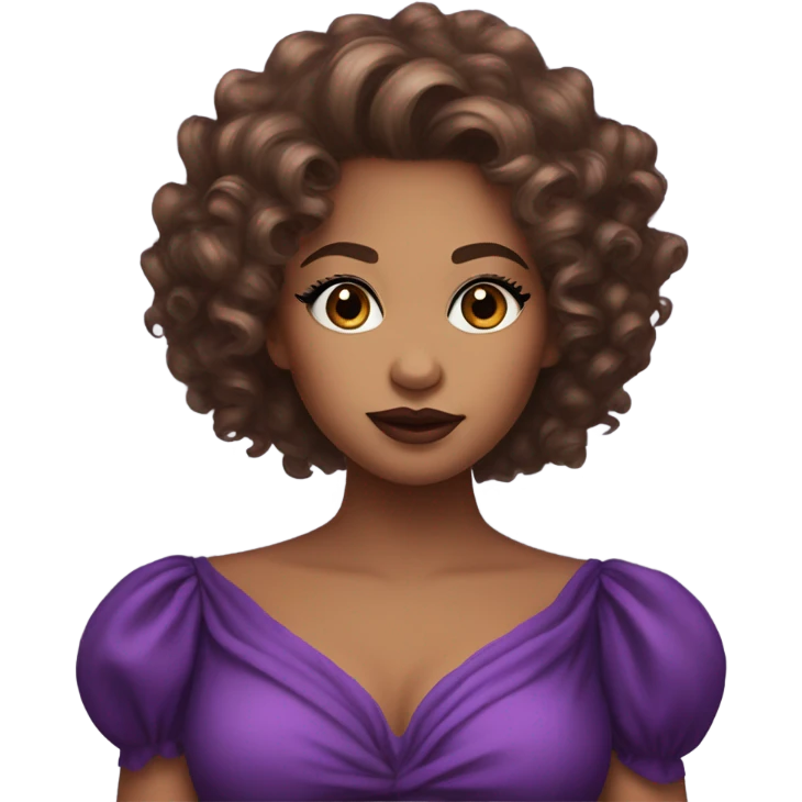 Brown Curly hair queen with black eyes and really big full lips dressed in a very big and beautiful purple dress emoji