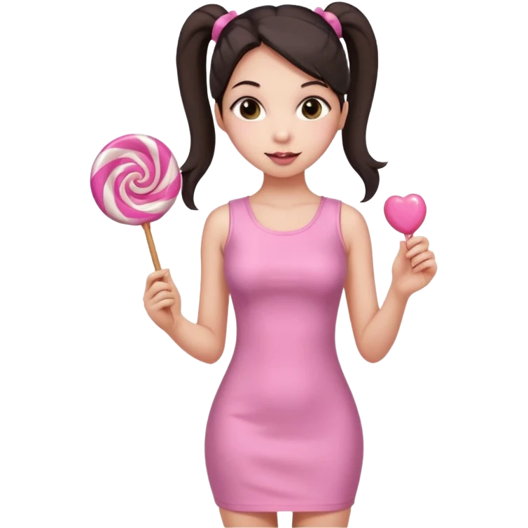 Girl with long dark ponytails wearing light pink bodycon dress holding a lollipop emoji