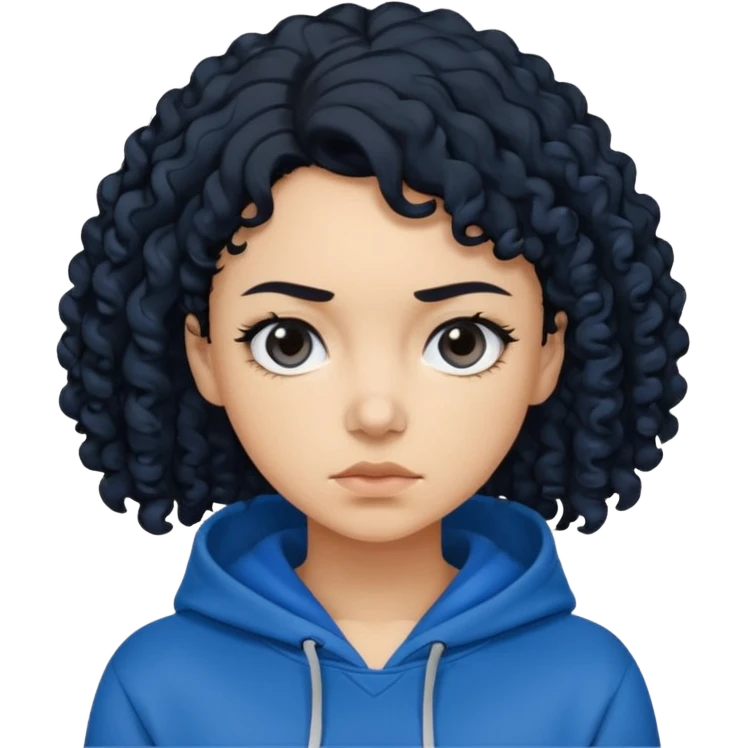 A woman with curly black hair, wearing a blue-black hoodie, and a slightly serious expression on her face. emoji