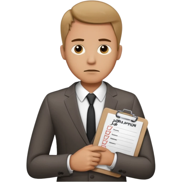 Man looking sad while holding a clipboard with a checklist that has a heading that says job application  emoji