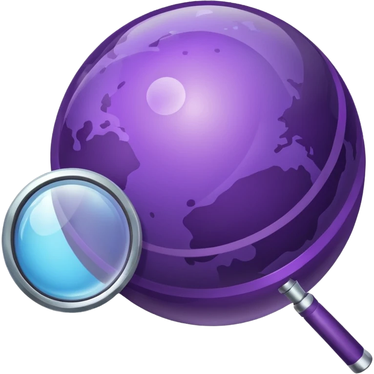 Minimal purple icon: a planet with connecting lines and a magnifying glass. Glossy, transparent background. emoji