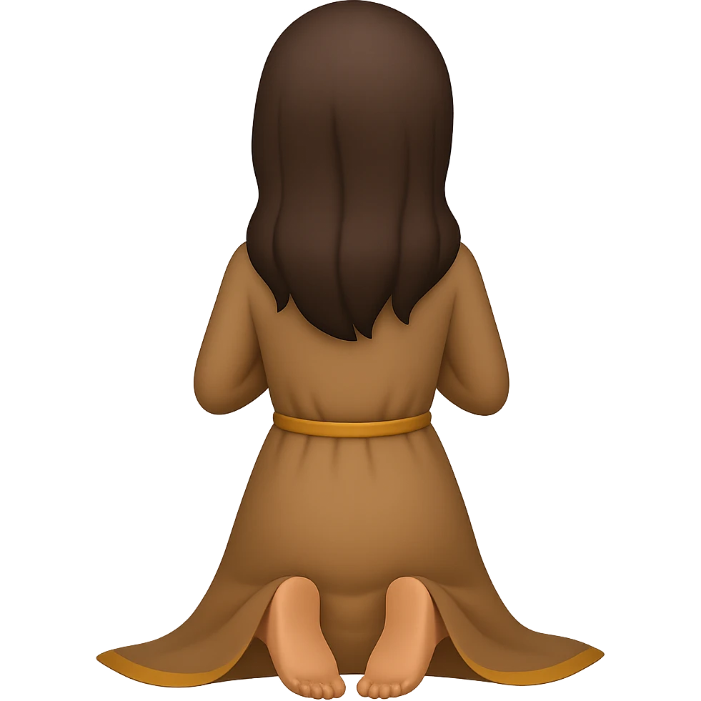 Show the woman kneeling and praying from the back view, wearing a long tan dress, with dark brown hair, in emoji style, no background. emoji