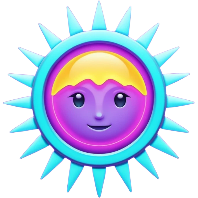 Futuristic glowing sun, neon rays, bright holographic purple and cyan glow, dark background, digital tech style emoji