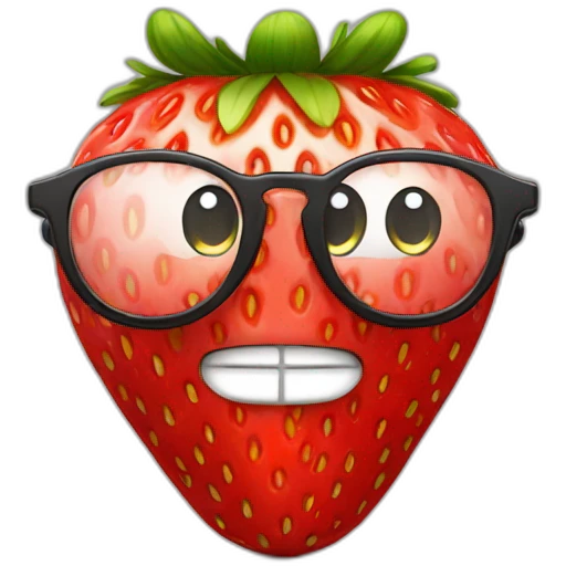 a strawberry face with a smile and eyeglasses emoji