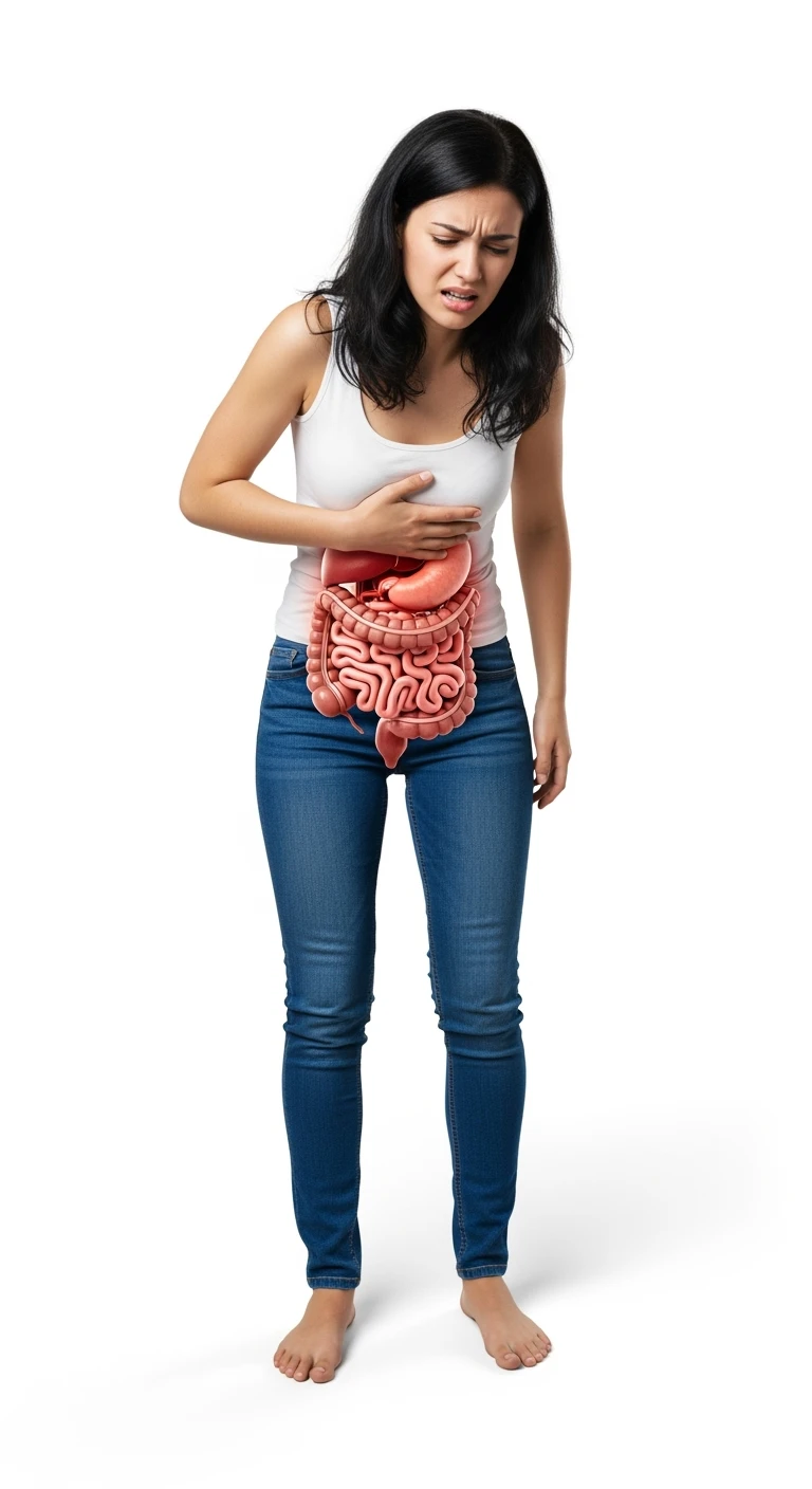 donna a figura intera con intestino umano realistico in 3d in evidenza dolorante, espressione di dolore in volto, sfondo bianco, non farla computerizzata, ma iperrealistica 4k, sfondo bianco emoji