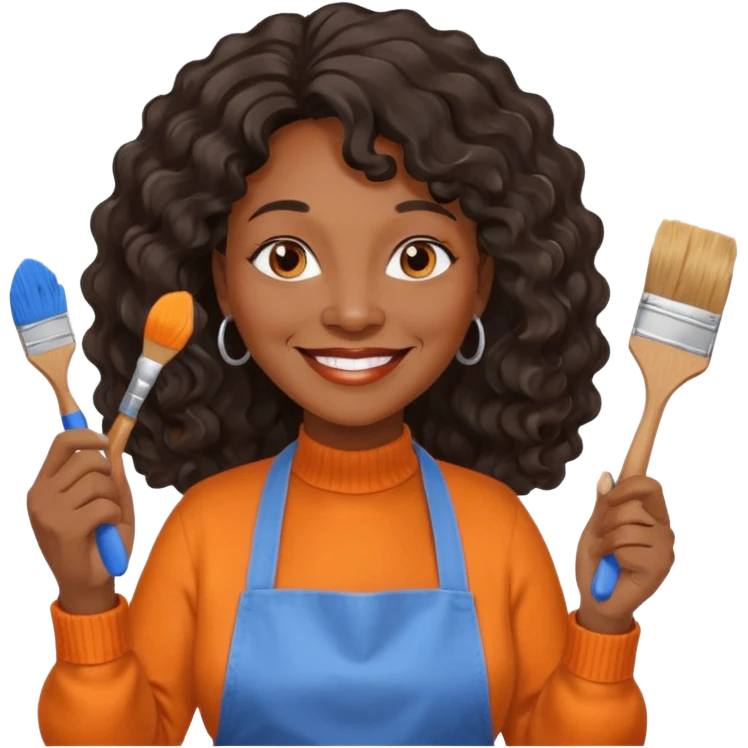 FEMME FRISÉ 60 ANS CHEVEUX NOIR FRISÉ ONDULÉ TRÈS  LONG , SOURIANTE AVEC CHANDAIL ORANGE ,   YEUX BLEU ET UN PINCEAU À LA MAIN LA MAIN AVEC 5 DOIGT SEULEMENT ET TABLIER emoji