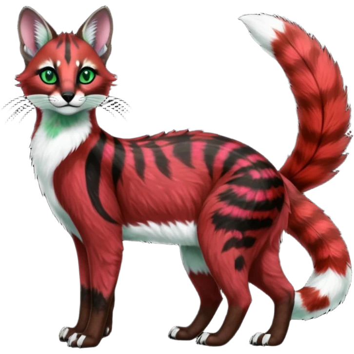 Colorful dark tropical sanguine-red, black, white fur, with green eyes, iridescent glorious divine exotic cute cool beautiful shiny beautiful floral fantasy-caracal-civet-genet-sergal-vernid-Cacomistle-oncilla-animal-Fakémon-hybrid-fursona with pattern markings (full body) emoji