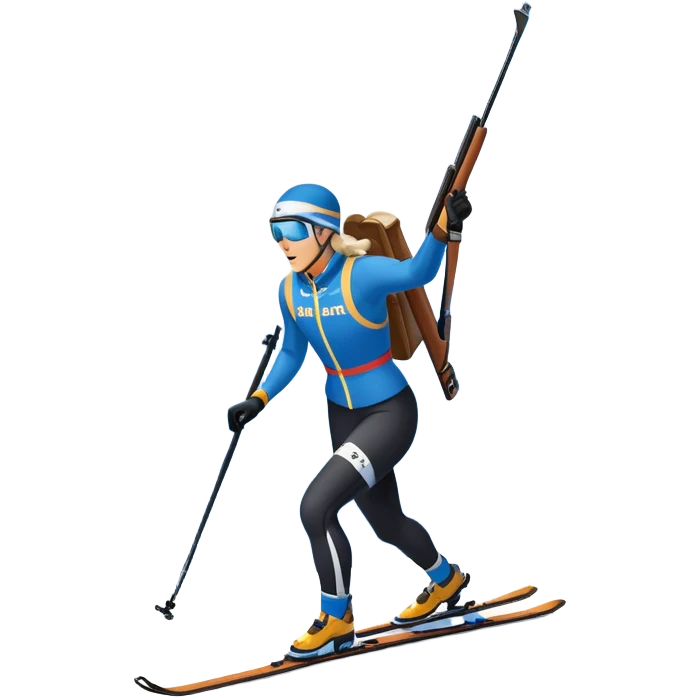 An icon showing a biathlete skiing on a snow-covered Olympic track with a rifle on their back. Cheering fans fill the stands. Majestic mountains, snowy trees, and a bright blue sky complete the scenic winter landscape. Transparent background captures the spirit of biathlon. emoji