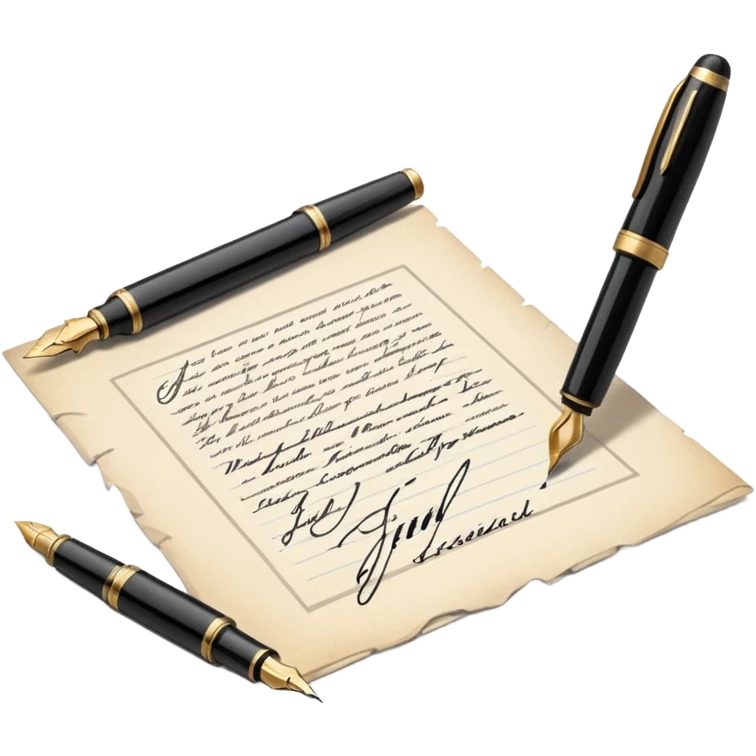Icon for Autograph Collecting: a signature on a piece of paper with a vintage fountain pen beside it, and a collection of autographed photos or memorabilia in the background. The icon should convey the passion for collecting famous signatures. Transparent background. emoji