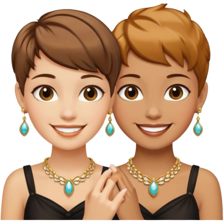 Fair skin and caramel colored besties with brown hair pixie cuts wearing jewelry   emoji