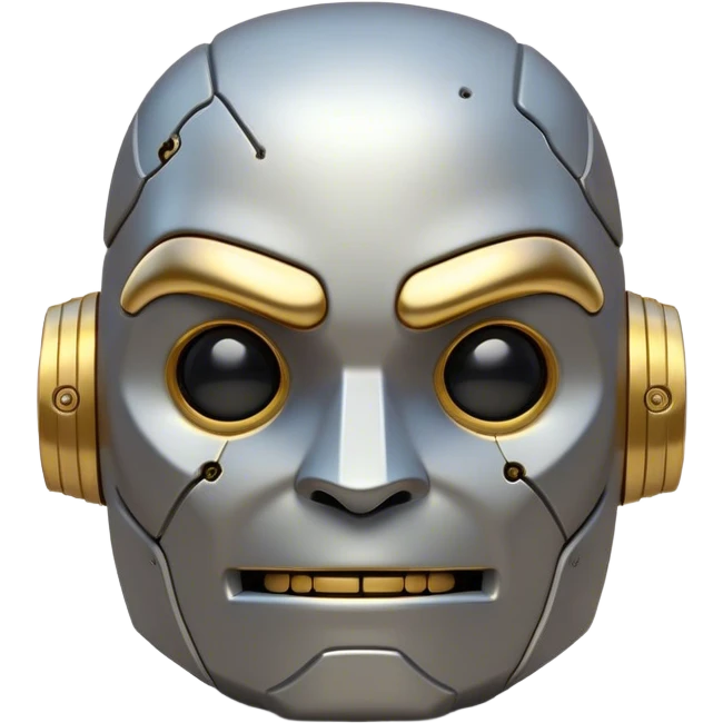 Cinematic Cute Mighty Iron Golem Portrait Emoji Head tilted playfully and inquisitively, featuring a sleek yet sturdy metal form with smooth, polished steel plating and glowing golden engravings, accented by faintly humming energy veins that pulse with life; rendered with lifelike clarity and soft, natural reflections, high shine, charming yet robust, styled with a touch of whimsical fantasy, soft glowing outline, capturing the essence of a watchful yet endearing golem, as if it might shift its massive head with a slow, thoughtful nod at any moment! emoji