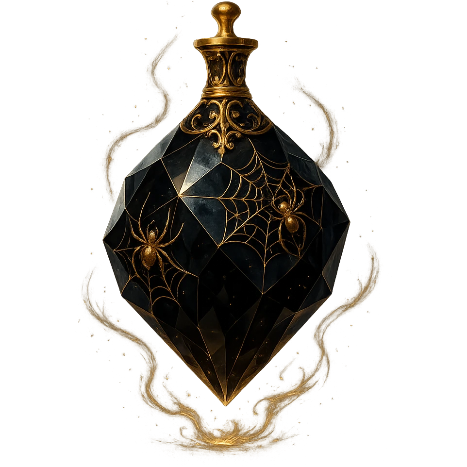 luxurious black crystal elixir bottle with many shining facets, ornate decorations including spiders and spider webs, golden details, magical effects, very small golden neck, transparent background, beautiful merging base, clearly floating in air without base or shadow, premium class impression, design matching a collection of crystal, luxurious, magical bottles emoji