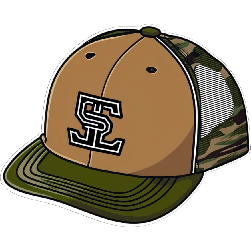 camo trucker hat with ian charms logo emoji