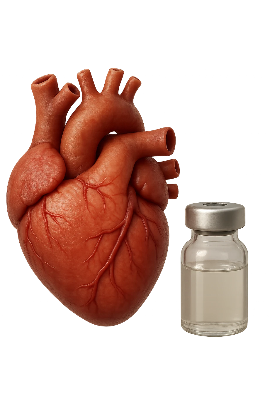 emoji stile iphone di cuore anatomico realistico in 3d che fluttua in aria insieme a una boccetta di fiala medica, FALLO MOLTO REALISTICO IN 3D emoji