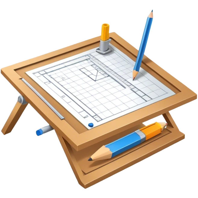 Sleek icon for Architecture: engineer's drawing board with building blueprints, 3D model of the building out of board, pencil, ruler, architect's protractor and square. Transparent background. emoji