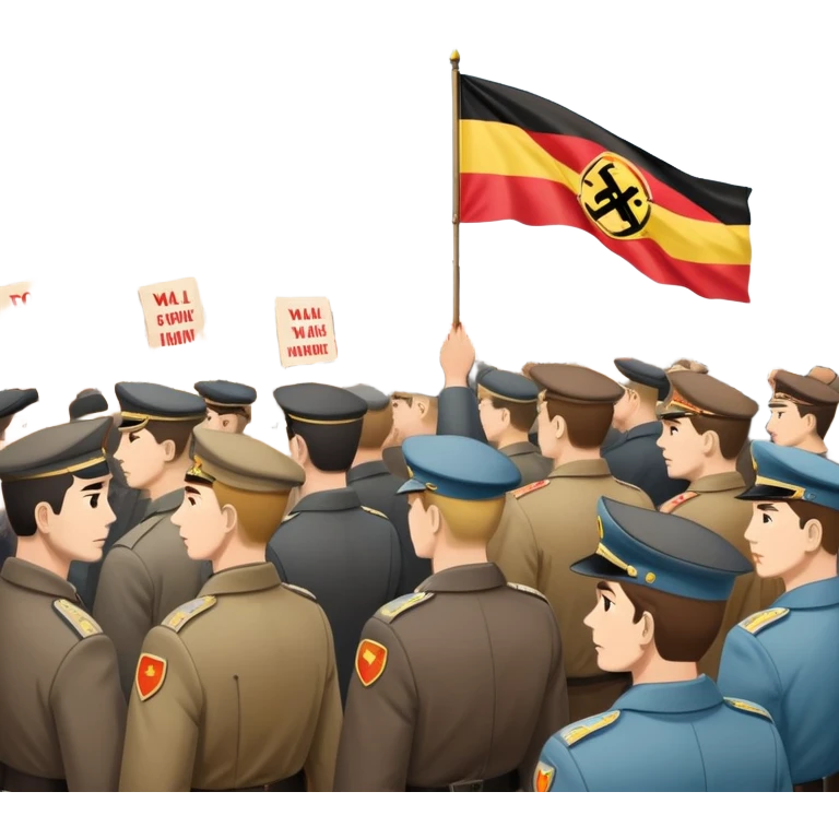 East German protest scene with people holding protest signs, DDR flag, Berlin Wall, subdued mood, 1950s emoji