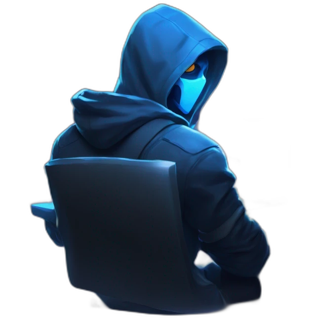 developer behind his laptop with this style : Riot Games Valorant neon glowing bright blue character blue black hooded assassin themed character emoji