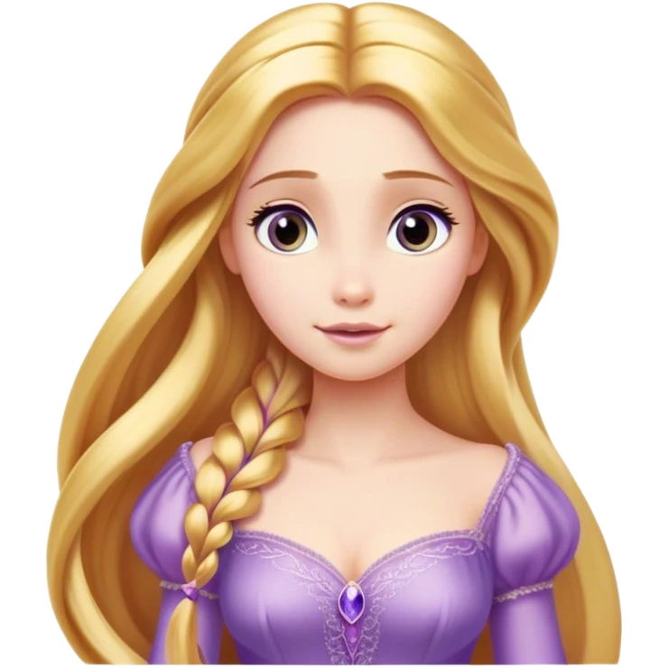 Cinematic Elegant Rapunzel Portrait Emoji, rendered in a realistic, vector-style with minimal shading and bold, simplified shapes. Depict Rapunzel (chest and above) with fair, porcelain skin, long, flowing golden hair cascading gracefully, and soft, gentle eyes, wearing her iconic light purple gown. The image glows with a soft, enchanting radiance and high shine, capturing timeless fairy-tale beauty. emoji