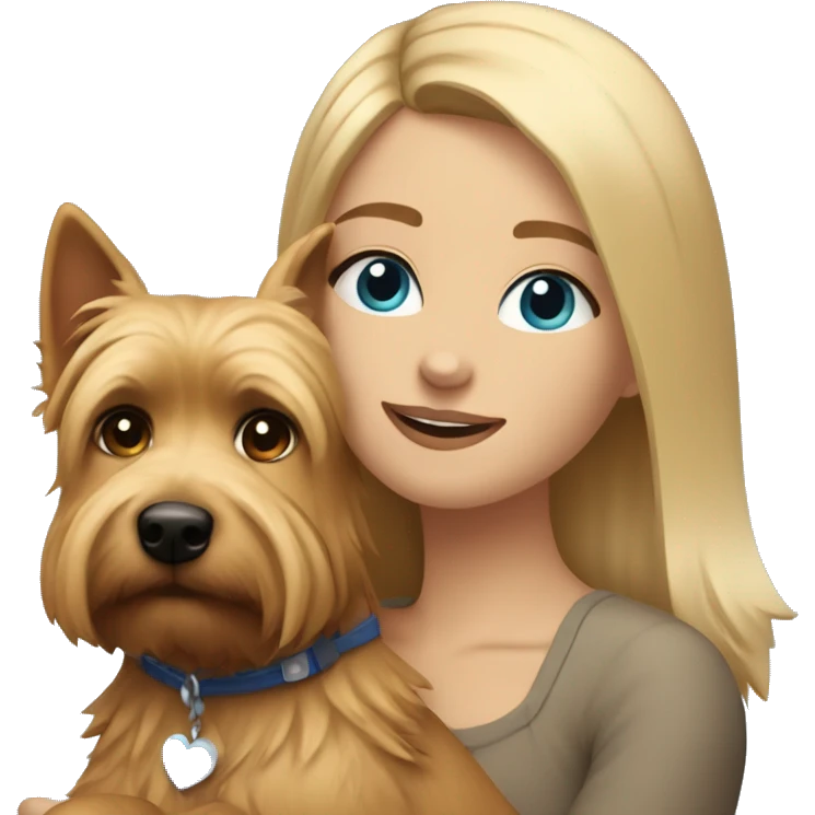 me - girl with blonde hair top brown bottom with blue eyes hugging norwich terrier dog  emoji