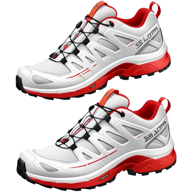 Ultra simplified white Salomon XT-6 shoes with just a red colored line across the middle, one behind the other, completely white design except for the colored center line emoji