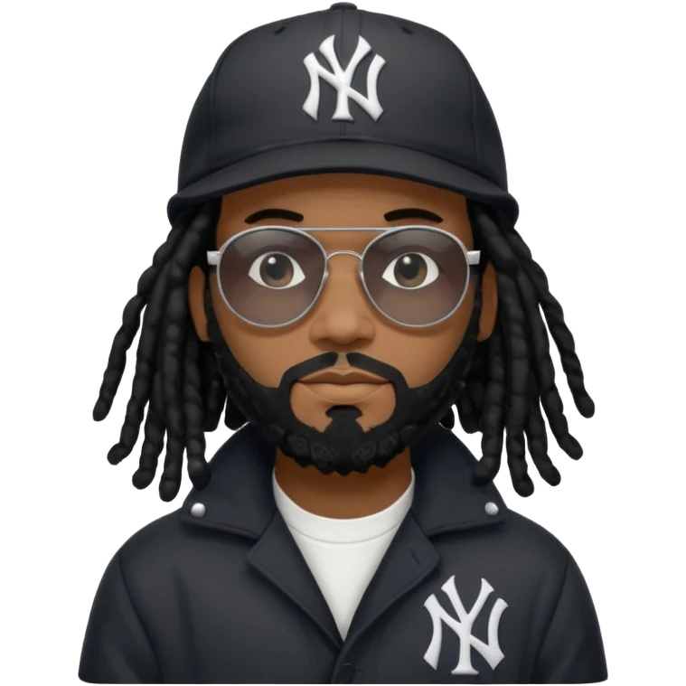 African American Man with shoulder length black dreadlocks with black beard wearing black sunglasses wearing a black bubble winter coat and a New York Yankees logo baseball cap in recording studio emoji