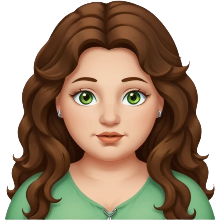 Brown wavy long hair, light green eyes, nose ring, plus size emoji
