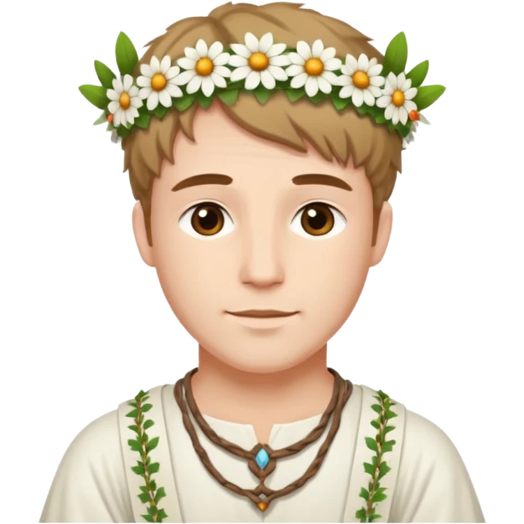 A guy with traditional clothes from midsummer festival, white tunica, flowers crown emoji