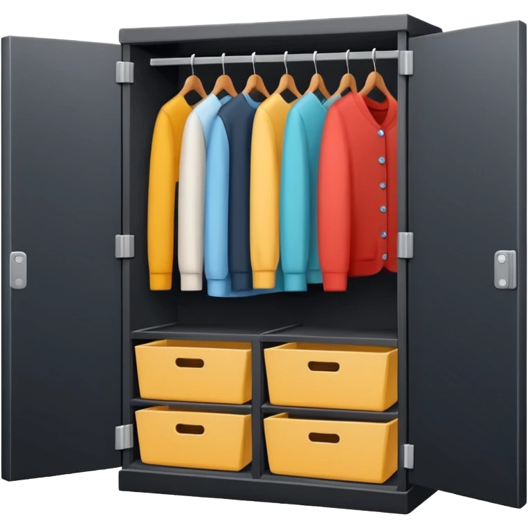 Minimalistic flat vector icon, iOS style, thin black contour on white background. Open wardrobe with neatly arranged boxes inside. Clean, no text, no shadows emoji