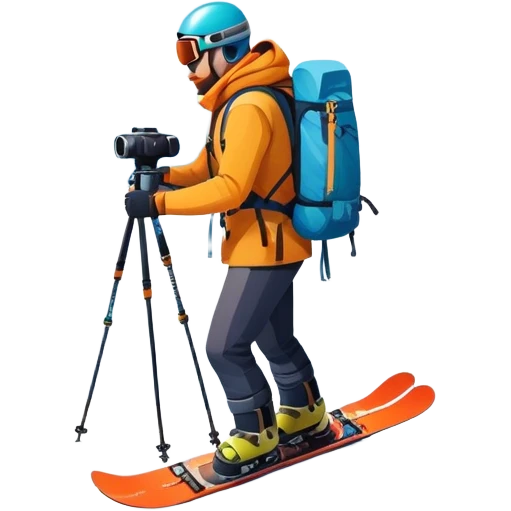 Icon for Mountain Tourism: a snowy mountain peak in the landscape, with skis, a snowboard, an ice axe, a backpack and a camera. The icon should capture the adventure and exploration of mountain landscapes. Transparent background. emoji