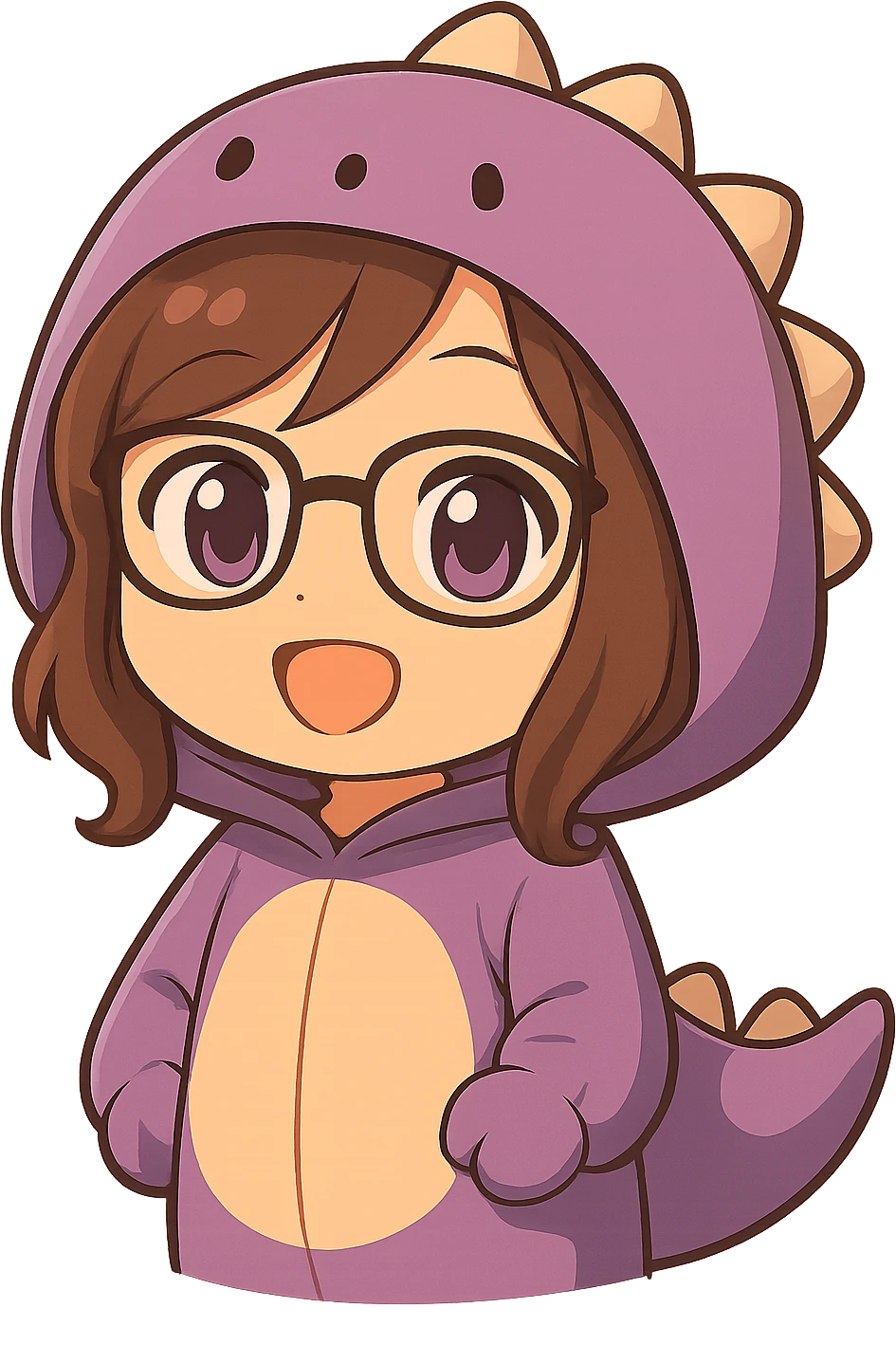 Edit the image to depict a chibi anime style girl with glasses, brown hair, dark purple eyes, wearing a purple dinosaur costume with arms down. Keep everything else the same as the reference. No background. emoji