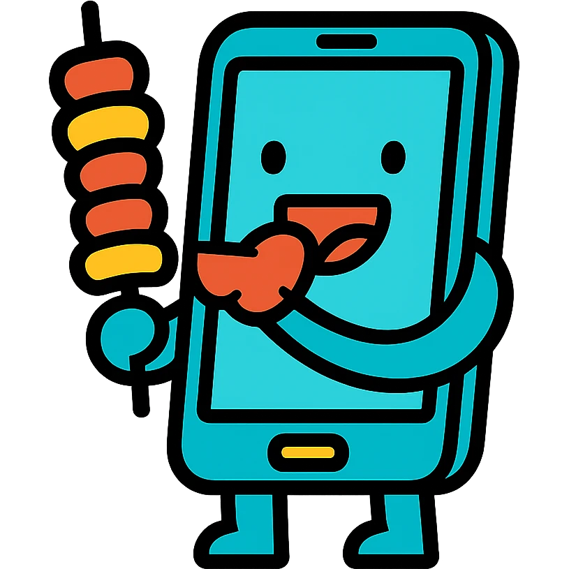 simple and colorful flat icon style of a phone eating kebab, no background emoji