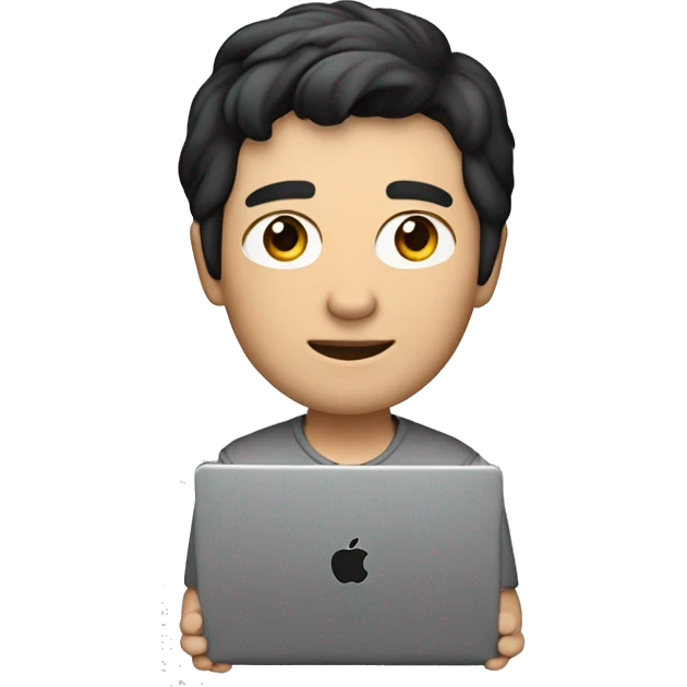 Create an image :  memoji of a male developper with a laptop in front,apple style,  modern, black hair, white skin, grey zip col swetter

 emoji