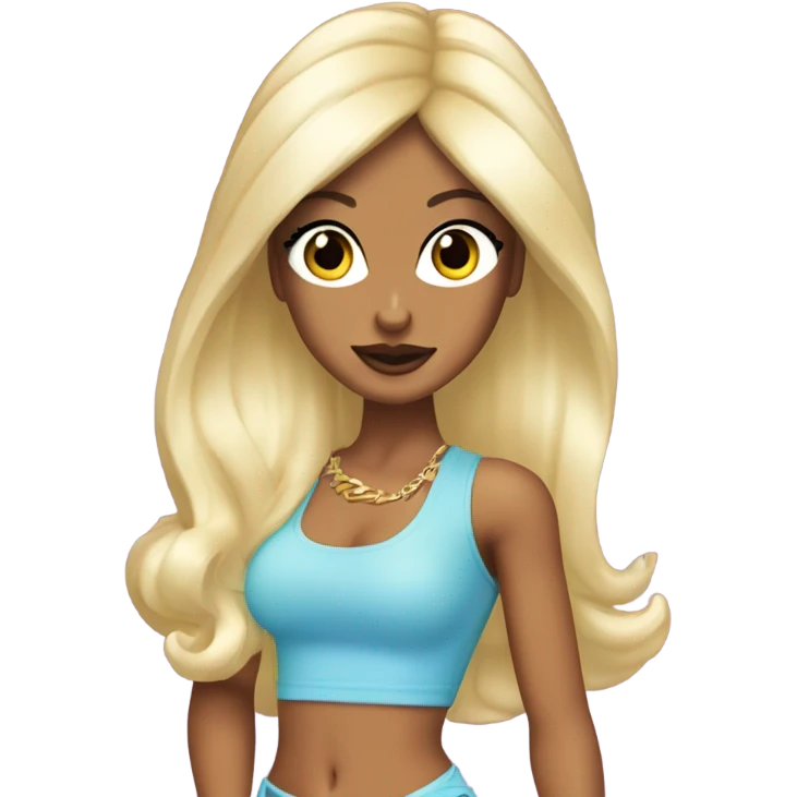 Tanned woman with long black hair, dressed in y2k Paris Hilton hair, makeup, and neon attire emoji