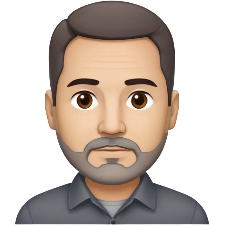 Hispanic man, 57 years old with light complexion. Round face with defined jawline. Expressive dark brown eyes, thick straight eyebrows. Short brown hair, slightly styled. Full brown beard with minimal gray. Professional appearance. Wearing a dark collared shirt. emoji