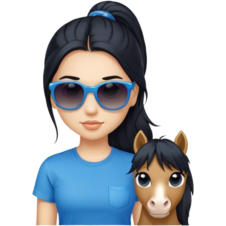 A girl with black long hair and a pony, wearing sunglasses and a blue t-shirt. emoji